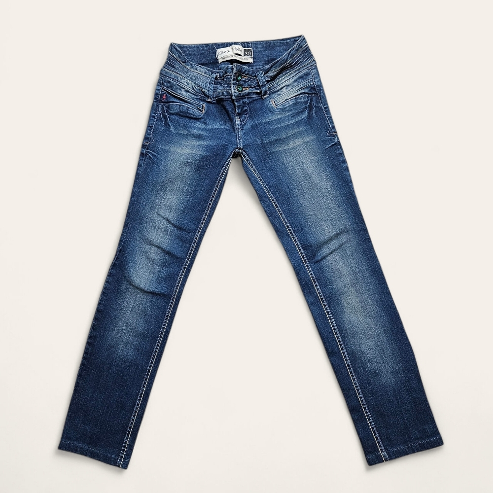 Kaira Poblet Womens Jeans Blue Dark Wash Stretch Stitching Low Rise Denim Sz 4